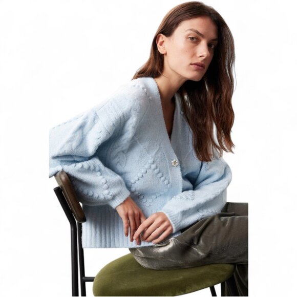 Slate and Willow Long Sleeve V-neck Light Blue Diamond Knit Cardigan | Size M - Picture 2 of 7